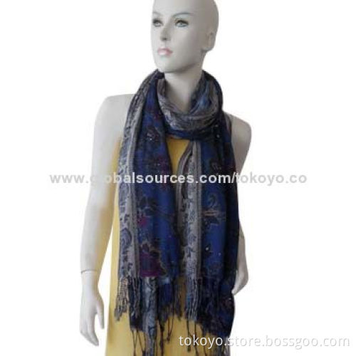 Jacquard and print mix scarf, made of viscose, modal, poly, jacquard border and middle printing